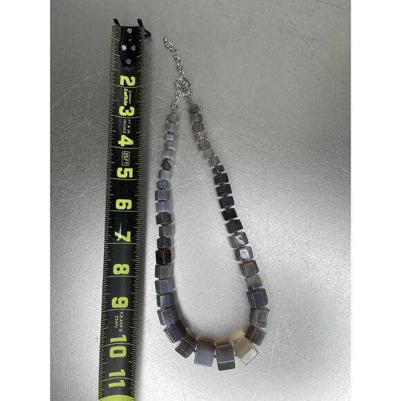 Polished Gray Agate Pearl Silver Tone Necklace Hand Knotted Square Beads Chunky - Picture 4 of 4